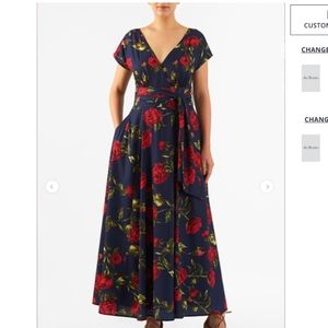 eShakti Sash Tie Rose Print Crepe Maxi Dress